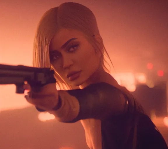 Image similar to a movie still of kylie jenner as joi aiming a gun at ryan gosling in the movie blade runner 2 0 4 9