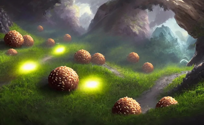 Prompt: magic : the gathering fantasy concept art of excited riceballs with excited expressions bouncing down a mountain path, by marco bucci, high resolution, the riceballs are bouncing up and down and leaving a trail of rice seeds behind them, fantasy coloring, intricate, digital painting, artstation, smooth, sharp focus