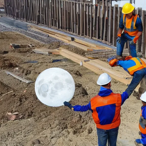 Image similar to two construction workers removing the moon from the sky