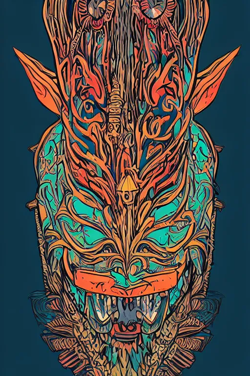 Image similar to animal mask totem roots flower tribal feather gemstone plant wood rock shaman vodoo video game vector cutout illustration vivid multicolor borderlands comics by josan gonzales and dan mumford radiating a glowing aura