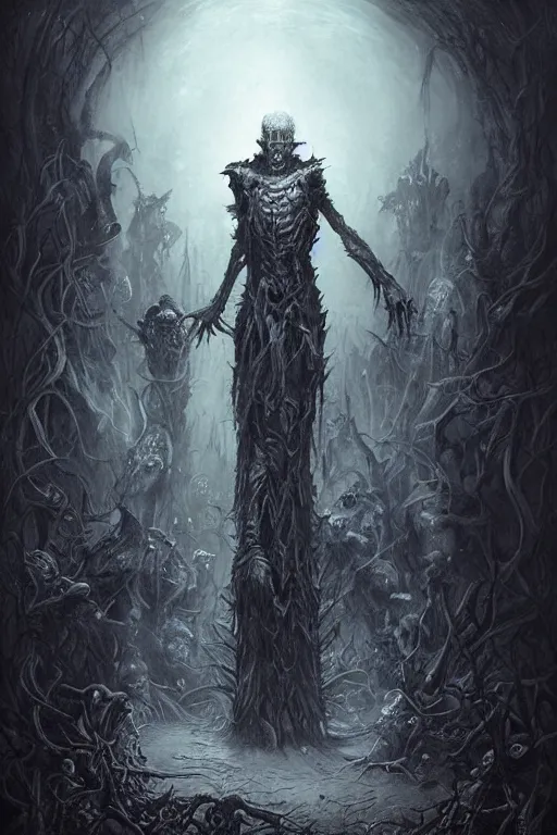 Prompt: horrible creature in a world of darkness and terror by Nekro ArstSation, Brom Art and Martin Emond Haunting, strange, beautiful and macabre