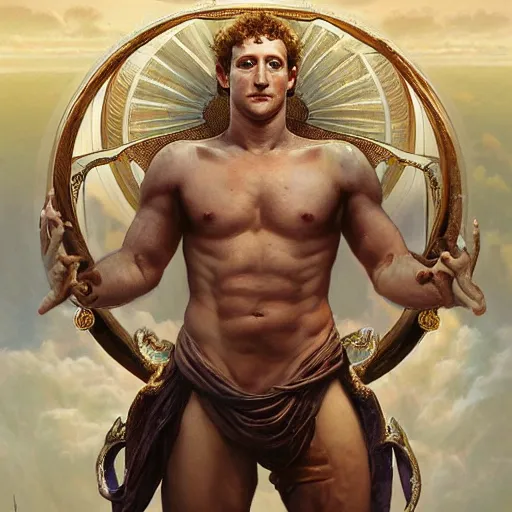 Image similar to portrait of mark zuckerberg as a heavenly god, full body, muscular, fantasy, intricate, elegant, highly detailed, digital painting, artstation, concept art, matte painting, sharp focus, illustration, art by artgerm and greg rutkowski and alphonse mucha