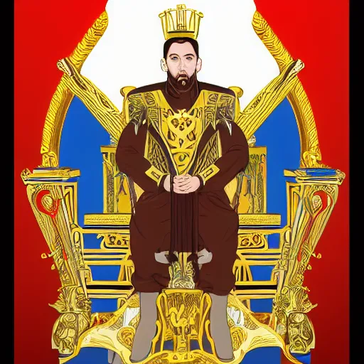 Prompt: modern self portrait of man sitting on throne, legs crossed, while holding a sword, white man, hispanic, brown hair, light skin, golden throne, sharp, marker, red robes, 8 k, hi - rez, clear, brown eyes, colored, green plants and golden background, sun in the sky, palace scenery, sharp, illustrated by yoji shinkawa