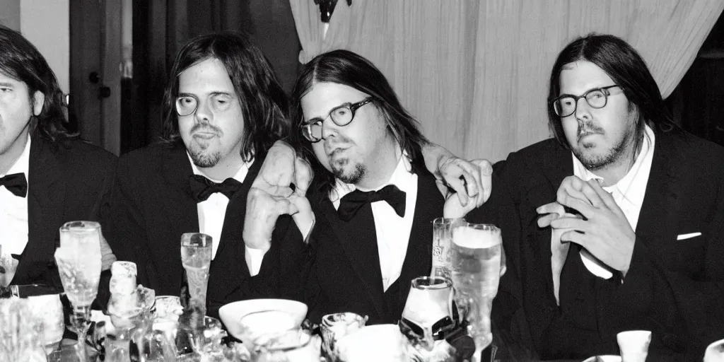 Image similar to “ david foster wallace and thomas pynchon at a dinner party hosted by haruki murakami, all are dressed in suits ”