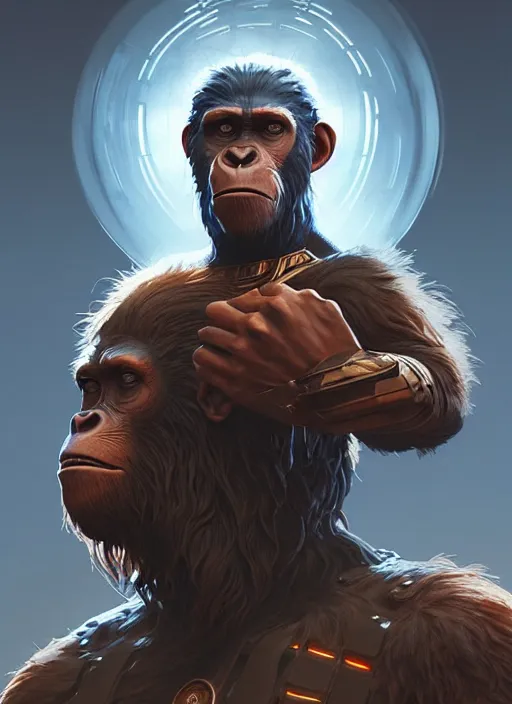 Image similar to portrait of apex legends caesar, planet of the apes, intricate, elegant, glowing lights, highly detailed, digital painting, artstation, glamor pose, concept art, smooth, sharp focus, illustration, art by artgerm and greg rutkowski, artey freytag