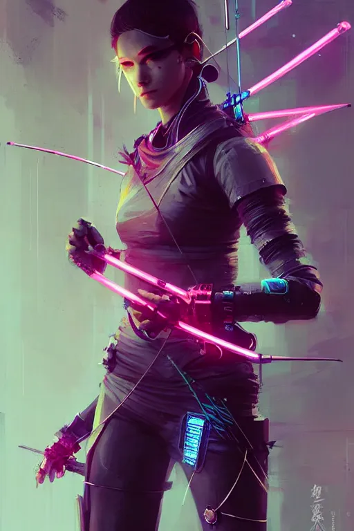 Image similar to female archer, cyberpunk futuristic neon. fencing, long sword in her hand, decorated with traditional japanese ornaments by ismail inceoglu dragan bibin hans thoma greg rutkowski alexandros pyromallis nekro rene maritte illustrated, perfect face, fine details, realistic shaded, fine - face, pretty face, masterpiece