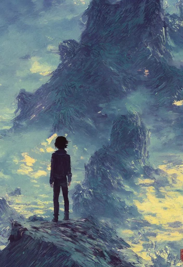 Image similar to tiny god in front of a japanese city in the mountain. cyberpunk. beautiful blue sky. gorgeous epic nature, lofi, vivid colors, amazing light, by jeremy lipkin, by claude monet, heavily inspired by makoto shinkai, inspired by ghibli, masterpiece, multiple brush strokes, impressionist style