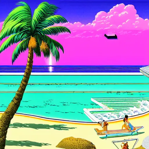 Image similar to a beautiful painting of a sunny day at a large beach filled with lush plants and palm trees by hiroshi nagai and hirohiko araki, detailed line art, vaporwave color scheme