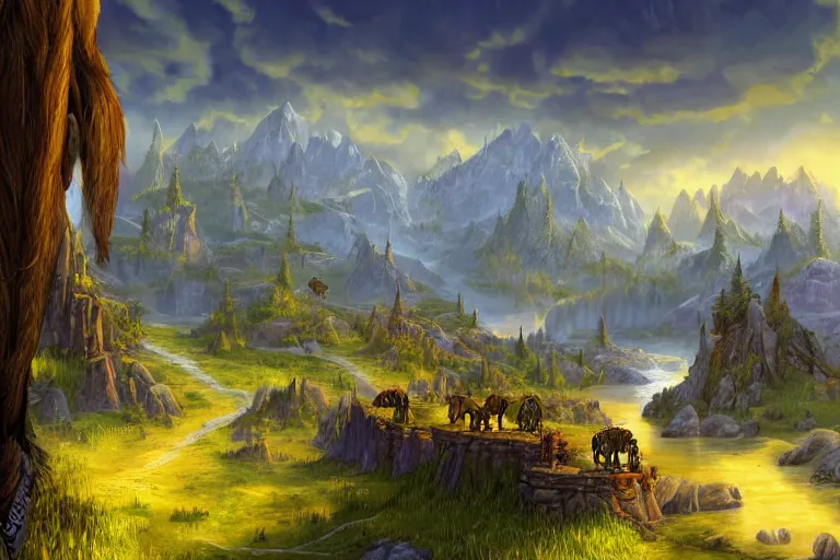 Image similar to world of warcraft environment with trees and a platform in the center, rocky mountains and a river, horses in the foreground, beautiful, concept