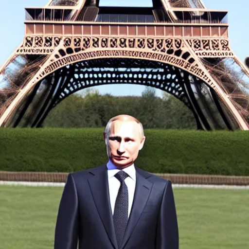 Prompt: vladimir putin posing in front of the eiffel tower