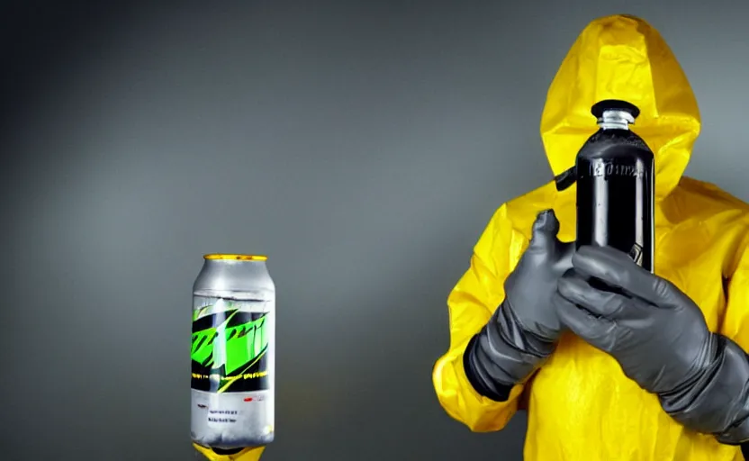 Prompt: a stereotypical gray alien in a yellow hazmat suit handling a glowing can of mountain dew with oversized gloves