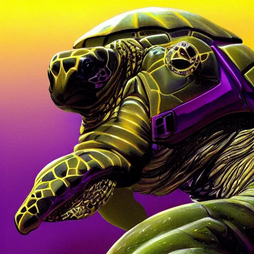 Image similar to military turtle horse, sleek futurism, character design, purple and yellow, trending on artstation, by les edwards