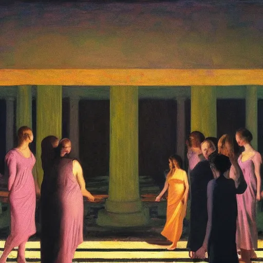 Image similar to procession of women in an haunted liminal abandoned temple, film still by edward hopper, by gottfried helnwein, by klimt, art noveau, highly detailed, strong lights, liminal, eerie, bright pastel colors,