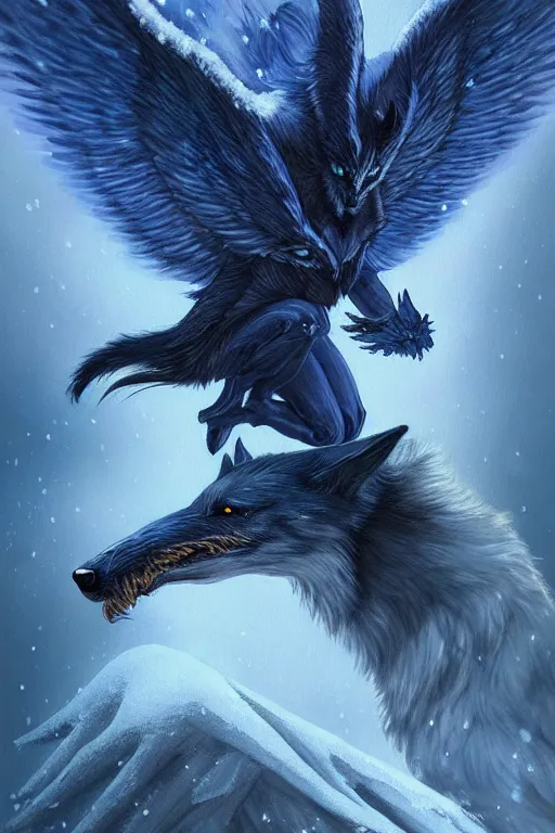 Image similar to blue wolf with wings, facing front, regal, elegant, winter, snow, beautiful, stunning, hd, illustration, epic, d & d, fantasy, intricate, elegant, highly detailed, digital painting, artstation, concept art, smooth, sharp focus, illustration, wallpaper, art by artgerm and greg rutkowski and alphonse mucha and jin xiaodi