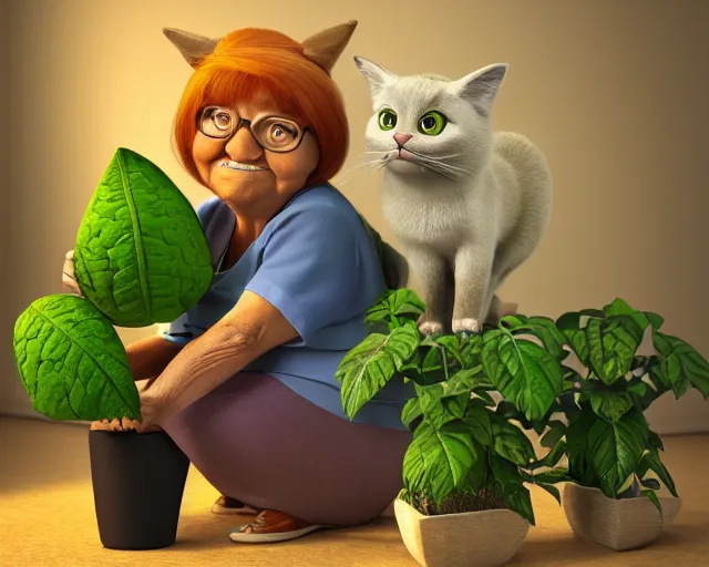 Image similar to detailed cartoon portrait of an old lady and her plant cat, pixar, sharp high quality 3d render