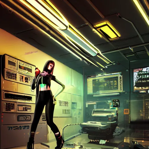 Image similar to a digital illustration of a cyberpunk fashion girl wearing street urban futuristic cyberpunk clothing in the interior of a cyberpunk lab, inside there are drones and robots and a vending machine with neon lighting and foggy environment by craig mullins, 3d scene, render, ultra realistic, ray tracing, night time, volumetric light, artstation, cgsociety, level design, unreal engine, 3d scene, zenith view