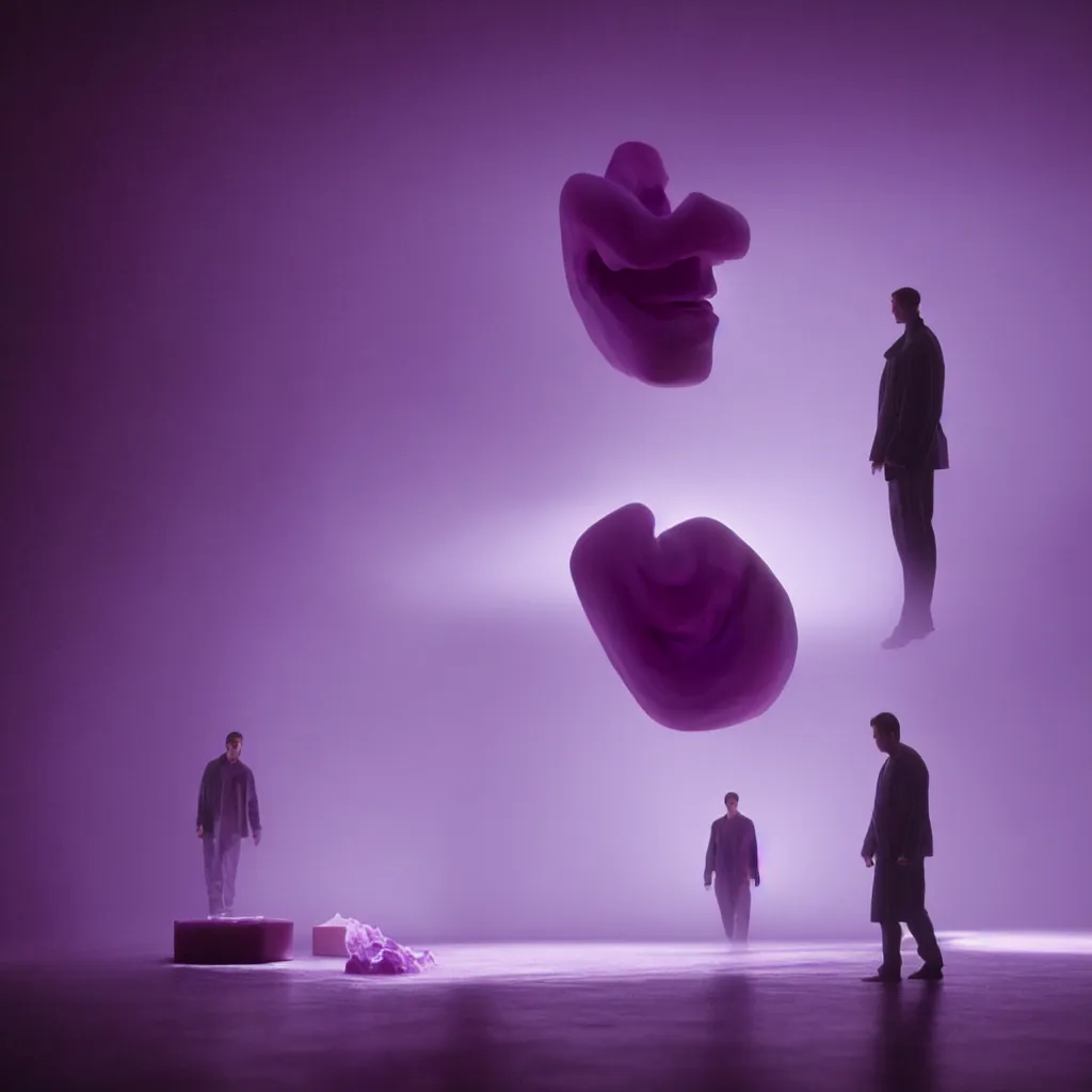 Image similar to cinestill of a giant form made of purple wax float through the living room film still from the movie directed by denis villeneuve with art direction, pouring rain menacing lights shadows, 8 k, hd, high resolution, 3 5 mm, f / 3 2, ultra realistic faces, lost highway