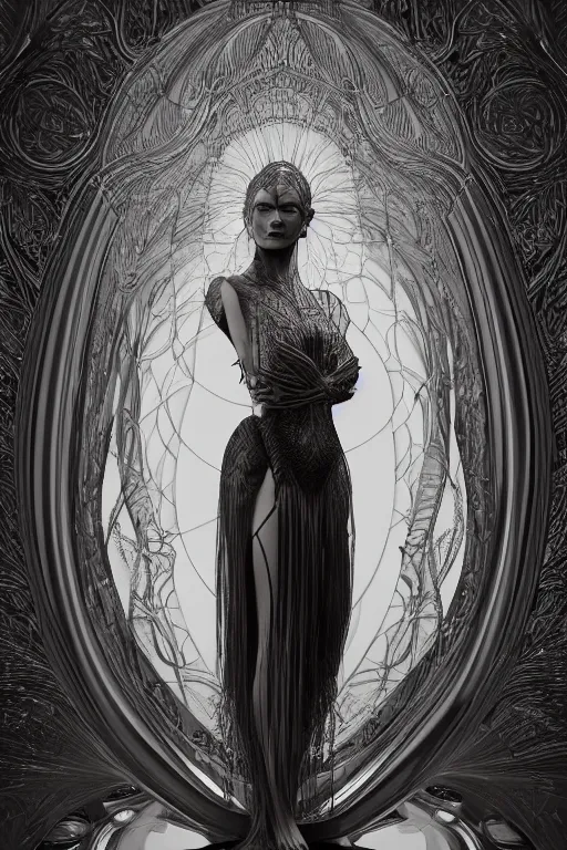 Image similar to a realistic dark photo of a beautiful ancient alien woman goddess kate moss nataraja standing in iris van herpen dress in style of alphonse mucha art nuvo dmt trending on artstation made in unreal engine 4 in 8 k