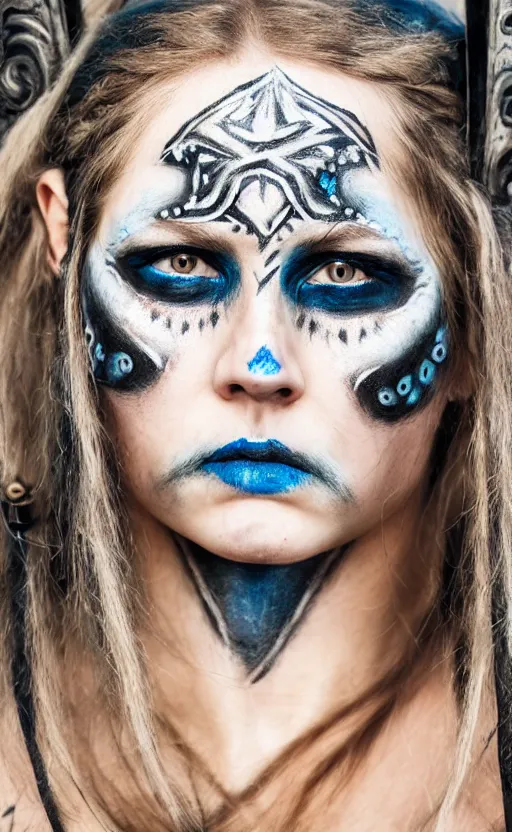 Image similar to photorealistic portrait of female viking warrior in tribal face paint, bloody nose, blue eyes, porcelain skin, black hair, determined