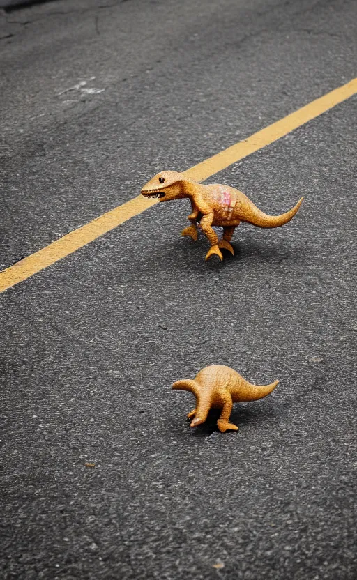 Prompt: a small dinosaur running cross the road, realistic, 3 5 mm, 4 k