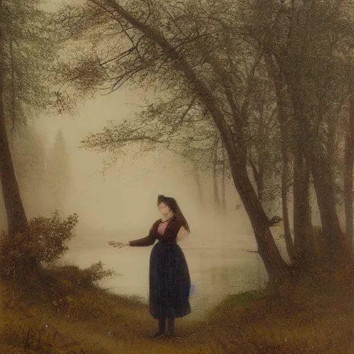 Image similar to girl dancing in front of a river, alone in the wilderness, foggy, misty morning, early spring, boreal forest, 19th century,