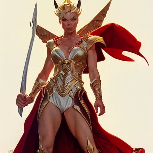 Prompt: Jaime Pressly as She-Ra, western, D&D, fantasy, intricate, elegant, highly detailed, digital painting, artstation, concept art, matte, sharp focus, illustration, art by Artgerm and Greg Rutkowski and Alphonse Mucha