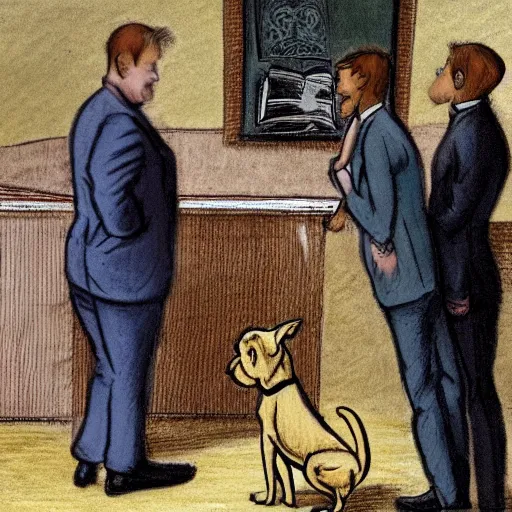 Prompt: an illustration of a dog accused inside a court, tribunal, a lawyer trying to defend him, pastel colors, 8 k, ultra detailed,