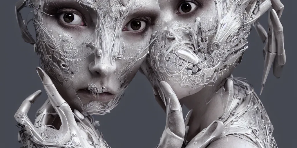 Image similar to hyper realistic photography of a stunningly beautiful cyborg female, incredibly beautiful, symmetrical face, intimate, holding close, hands, in the style of beth cavener, jin kagetsu,, and wlop, highly detailed, intricate filigree, masterpiece, award winning, sharp focus, concept art, ringflash lighting, ambient lighting, octane render, 8 k, artstation