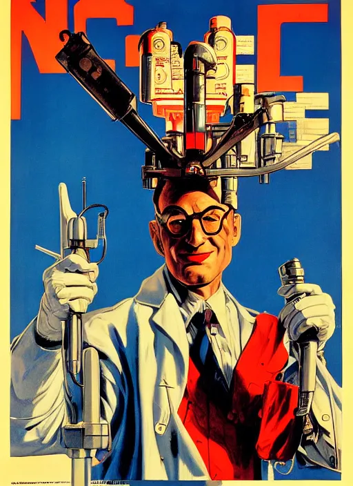 Prompt: american propaganda poster. cyberpunk surgeon. portrait by jean giraud and anton otto fischer and john philip falter and will eisner and gil elvgren