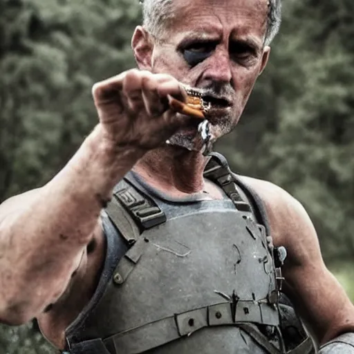 Image similar to Dying modern mercenary wearing grey body armor smoking a cigarette in the aftermath of a bloody battle, photo by Adam Ferguson in 2022, Pulitzer Winning, cinematic composition, breathtaking, modern, 2022