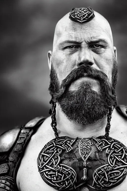 Prompt: a cinematic view of wide bw photo from a very ornated old odin mixed with thanos viking, shaved haircut, mexican mustache, showing celtic tattoos in the head, using leather armour with necklace of bones, naughty expression, photorealistic, volummetric light, depth of field, detailed, texturized, zeiss lens high professional mode