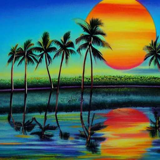 Prompt: psychedelic surreal oil painting of a sri lankan landscape at sunset, coconut trees morphing into elephants in the foreground, ocean sunset in the background, realistic oil painting