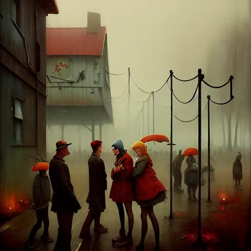 Image similar to waiting in line for cold soup by simon stalenhag and gil elvgren and tom bagshaw, dreary, cold, cloudy, grey