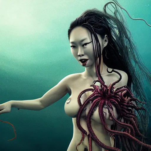 Image similar to beautiful, terrifying, demonic, full body female, with the body of a goddess, seaweed bikini top, a beautiful asian girl face, tentacles as hair, with parasitic tentacles crawling up her, in a underwater horror scene, photo realistic, dramatic cinematic lighting, octane render, 4k, ultra detailed