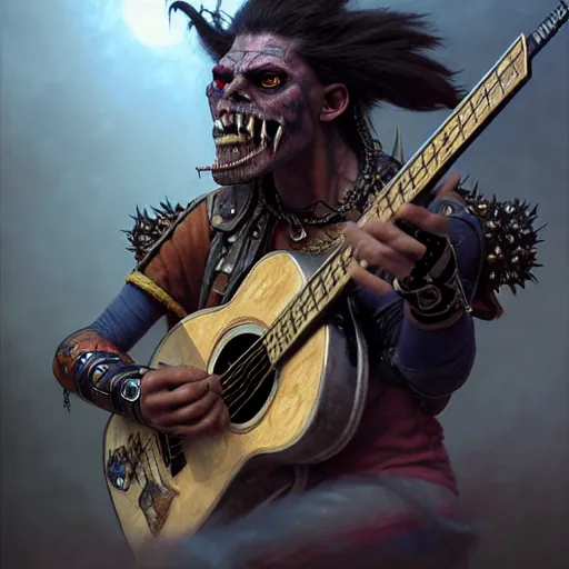 Image similar to portrait painting of a punk orc bard with a guitar, ultra realistic, concept art, intricate details, eerie, highly detailed, photorealistic, octane render, 8 k, unreal engine. art by artgerm and greg rutkowski and charlie bowater and magali villeneuve and alphonse mucha