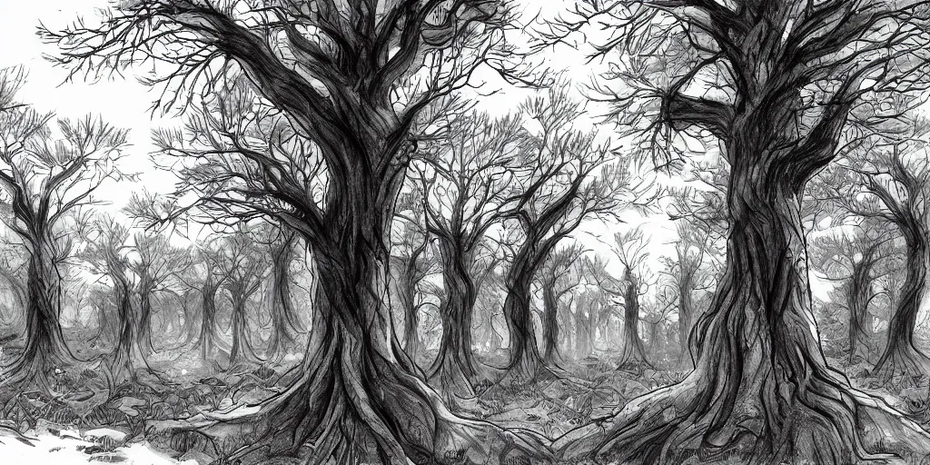 Prompt: graveyard of trees, Manga art sketch
