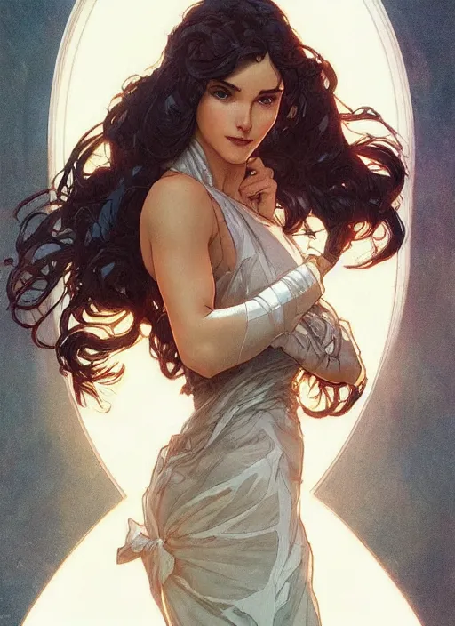 Image similar to a young woman. she is dressed as a superhero. clean elegant painting, beautiful detailed face. by artgerm and greg rutkowski and alphonse mucha