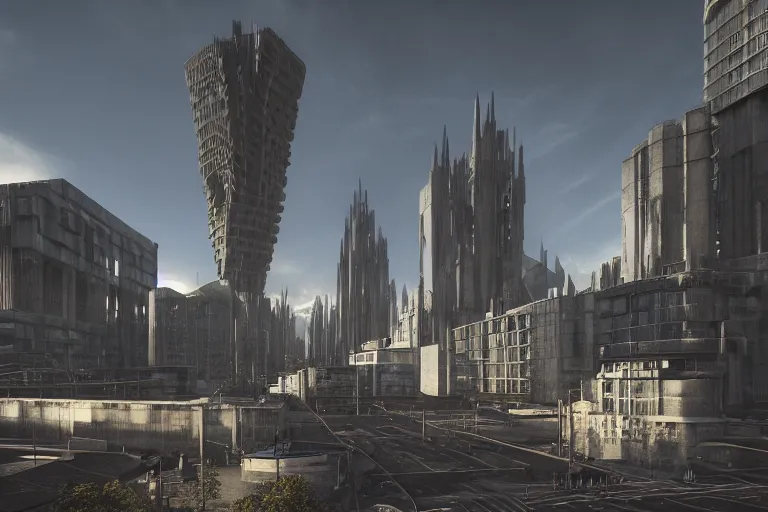 Image similar to streetscape, a towering cathedral of brutalist architecture, buildings covered with greebles, stunning volumetric light, sunset, metal, concrete and translucent material, stunning skies, majestic landscape, trending on Artstation, 8k, photorealistic, hyper detailed, unreal engine 5, IMAX quality, cinematic, epic lighting, in the style of Greg Rutkowski