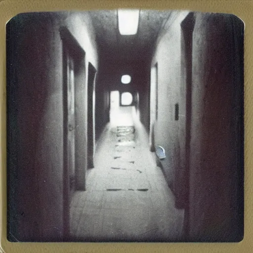 Image similar to a terrifying monster at the end of a hallway, dark!, creepy, nightmare fuel!!!, bones, horror, horrifying, unsettling, uncanny valley!, old polaroid, expired film,