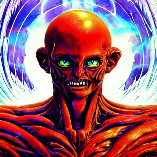 Image similar to 4K headshot of godlike Alien with defined arms and open hands and bloody clothes with giant mandala wings , intricate face , flawless anime cel animation by Kentaro Miura, psychedelic , highly detailed upper body , professionally post-processed , beautiful, scary, symmetry accurate features, epic, octane rendered, anime masterpiece, accurate by Craig Mullins, ilya kuvshinov, krenz cushart, epic , artgerm trending on artstation by Edward Hopper and Dan Mumford and WLOP and Rutkovsky, beksinski carl spitzweg moebius and tuomas kocar, intricate artwork by caravaggio, Unreal Engine 5, Lumen, Nanite