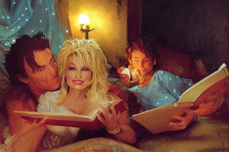 Image similar to portrait of dolly parton reading a bedtime story to jim carrey in bed, an oil painting by ross tran and thomas kincade