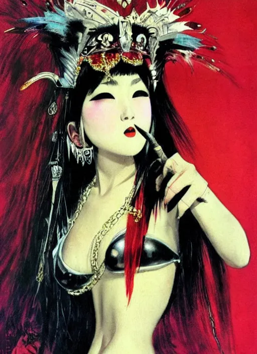 Image similar to female korean vampiress, jeweled headdress, heavy mascara, strong line, saturated color, beautiful! coherent! by frank frazetta, high contrast, minimalism