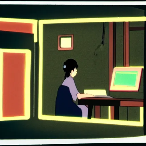 Image similar to film cell from Studio Ghibli of female Japanese student in profile, sat at her desk, her face lit by the computer screen, wearing headphones, japan, window, Tokyo, neon lights outside , by Hayao Miyazaki