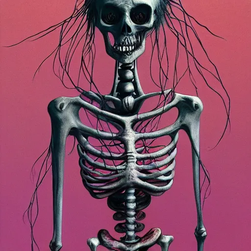 Prompt: skeleton girl, horror, grunge, loony toons style, illustrated by zdzisław Beksiński and dr seuss., Trending on artstation, artstationHD, artstationHQ, 4k, 8k