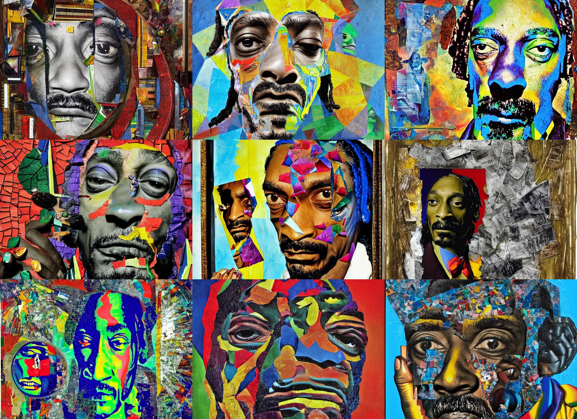 Prompt: a full decollage portrait of snoop dogg, fractured mirror, painting by max ernst