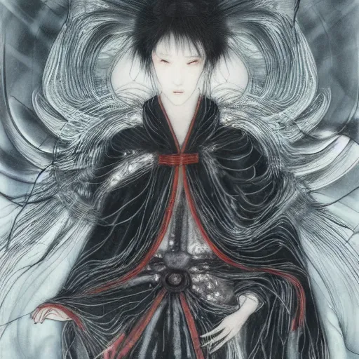 Image similar to yoshitaka amano blurred and dreamy realistic illustration of a japanese woman with black eyes, wavy white hair fluttering in the wind wearing cloak and elden ring armor with engraving, abstract patterns in the background, satoshi kon anime, noisy film grain effect, highly detailed, renaissance oil painting, weird portrait angle, blurred lost edges, three quarter view