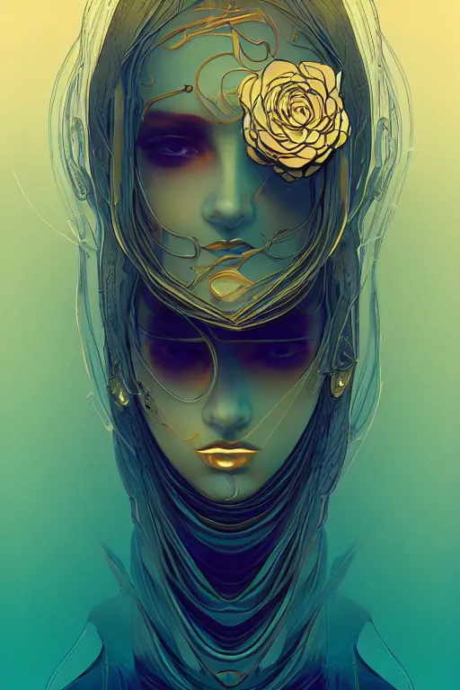 Image similar to 👁🌹👾, phantom, dreary, dramatic, fluid, golden ratio, artstation, moebius + loish, hd,