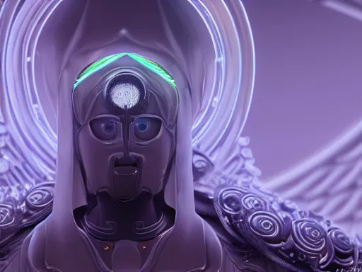 Image similar to a gray faceless figure, ascended, robot wizard, NPC with a saint\'s halo, saintly halo behind their head made of neon filigree, consulting the cyber oracle of all knowledge, at the end of time, in an esoteric ritual exchange of physical code, 8k, 4k, unreal 5, DAZ, trending on artstation, octane render, abstract painting, bright blue future