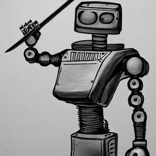 Prompt: a robot holding a sword