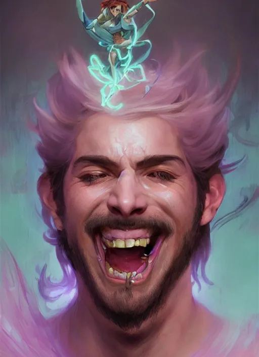 Image similar to character concept portrait of an attractive young laughing Spanish wizard with pink skin conjuring a love spell, a floating iridescent spell book in the center, intricate, elegant, digital painting, concept art, smooth, sharp focus, illustration, from Metal Gear, by Ruan Jia and Mandy Jurgens and William-Adolphe Bouguereau, Artgerm